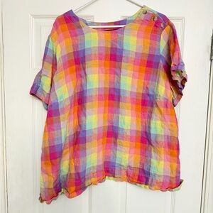 Lands' End Multicolor Plaid Linen Short Sleeve Top
